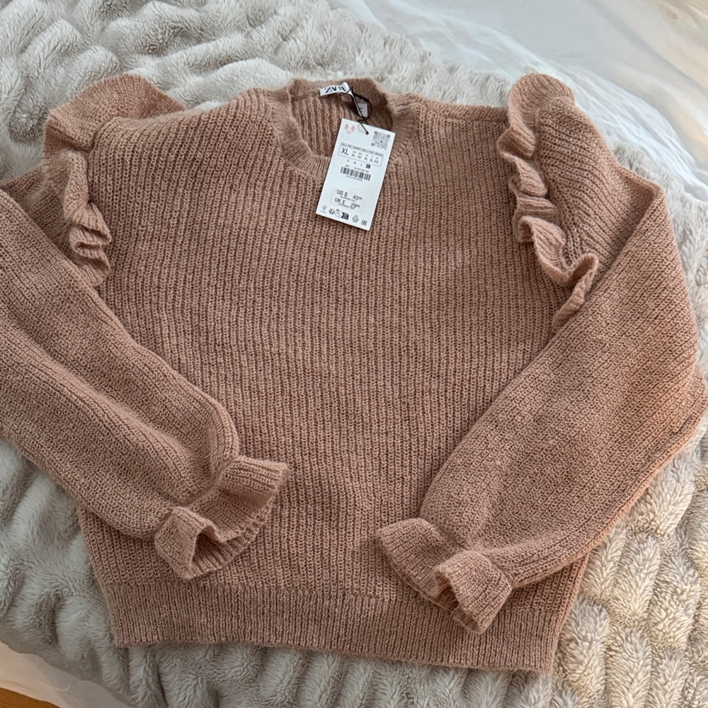 Zara Women's Ruffled Sleeve Sweater - Brown/Taupe